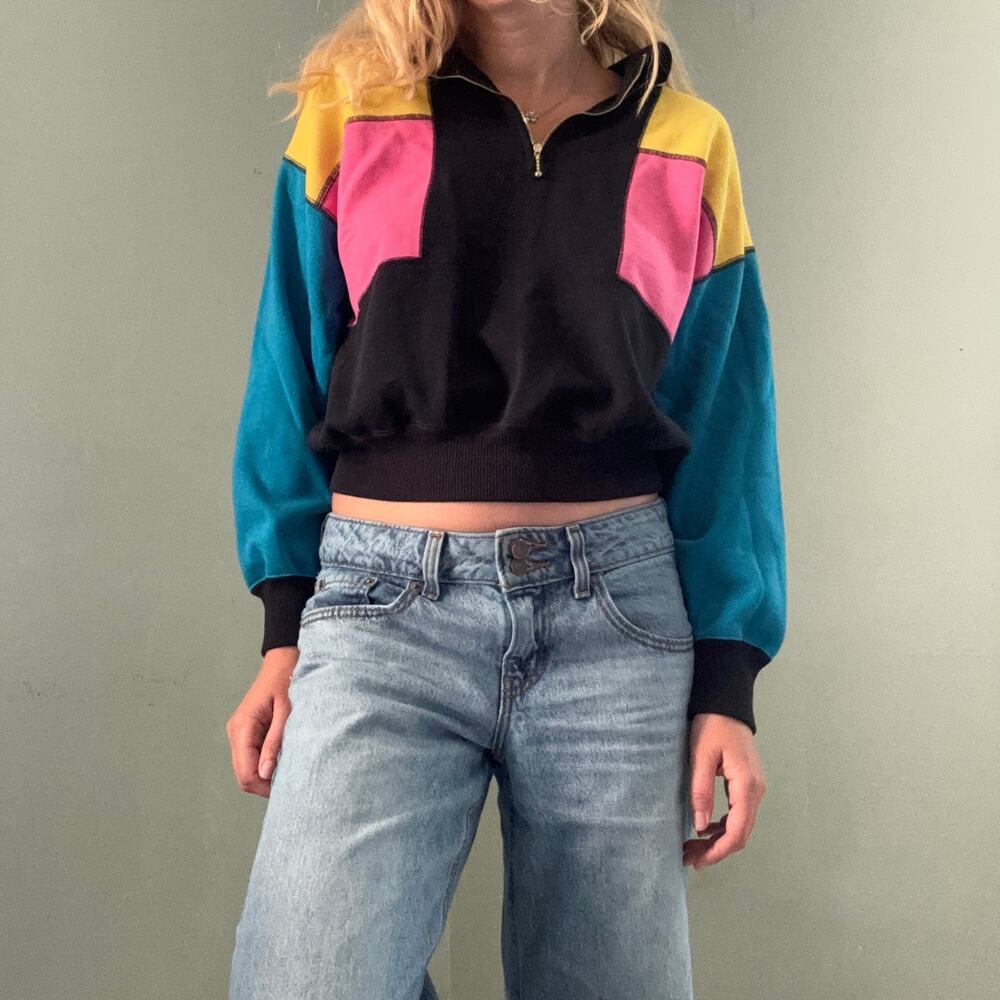 80s Carsons Athletic Club Quarter Zip Sweatshirt Neon Color Block Size Medium